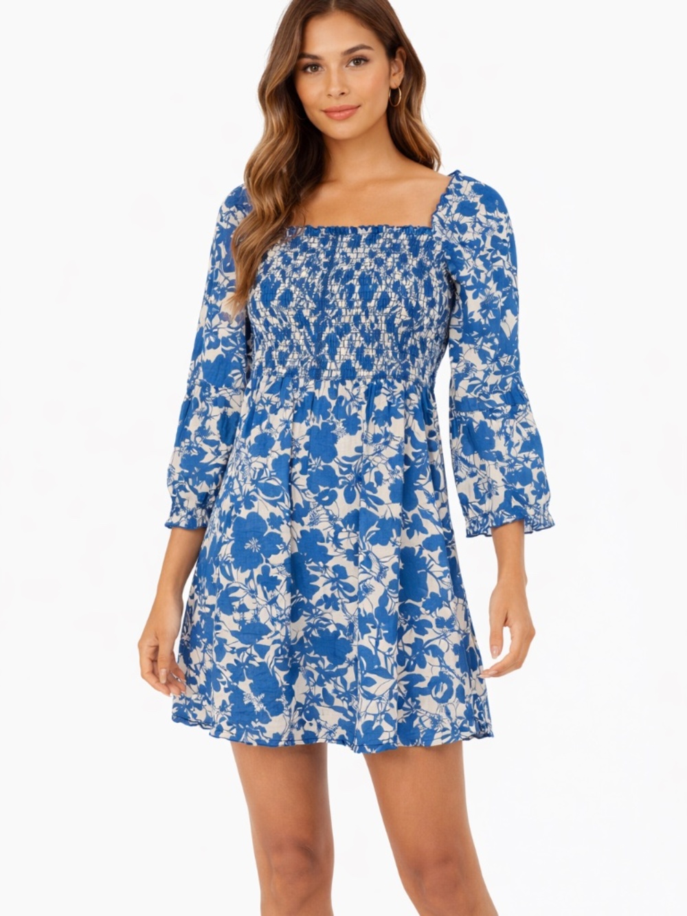 NWT Esprit mini dress M blue/white smocking frill floral cottage core cotton